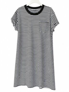 Women's Black & White Stripe T-Shirt Dress with Pocket Black &